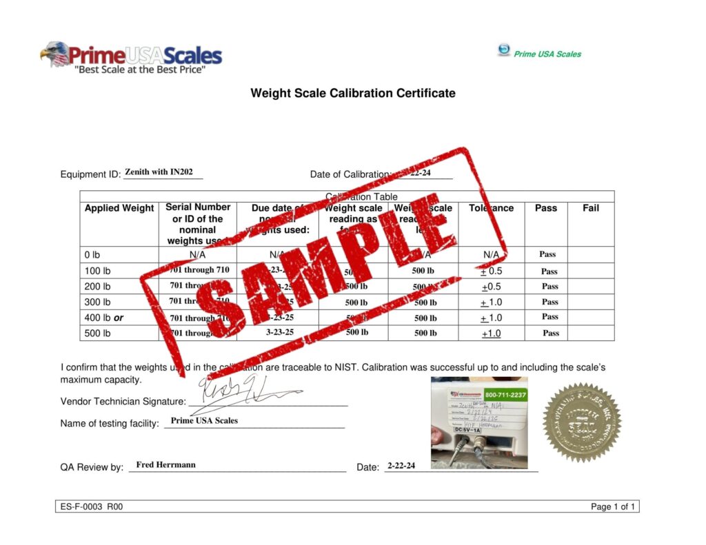 Certificate of Calibration (Official Record) Prime USA Scales