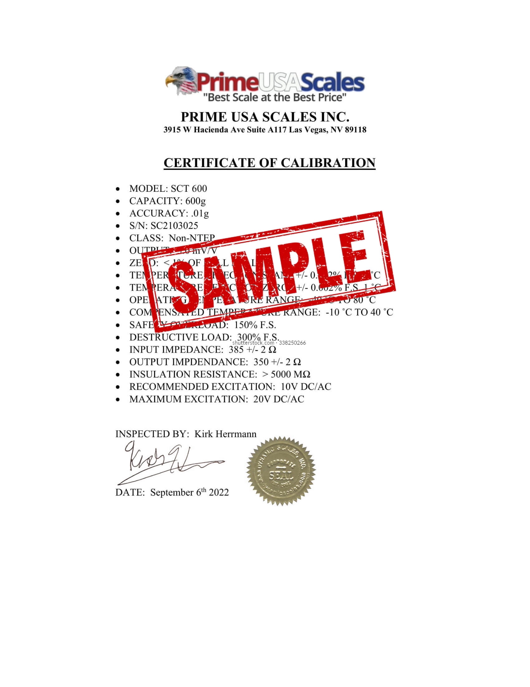 Certificate Of Calibration Official Record Prime USA Scales