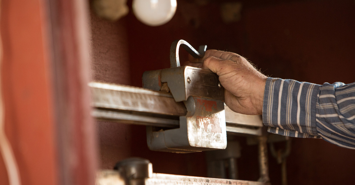 Close-up of a farmer’s hand manipulating the moving weight of a traditional metal weighing scale for livestock.