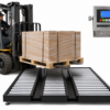 USA Measurements LD3 Roller Deck Scale with yellow forklift loading a wrapped pallet onto the steel rollers, US-6011 indicator