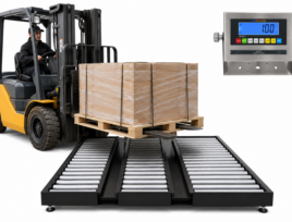 USA Measurements LD3 Roller Deck Scale with yellow forklift loading a wrapped pallet onto the steel rollers, US-6011 indicator