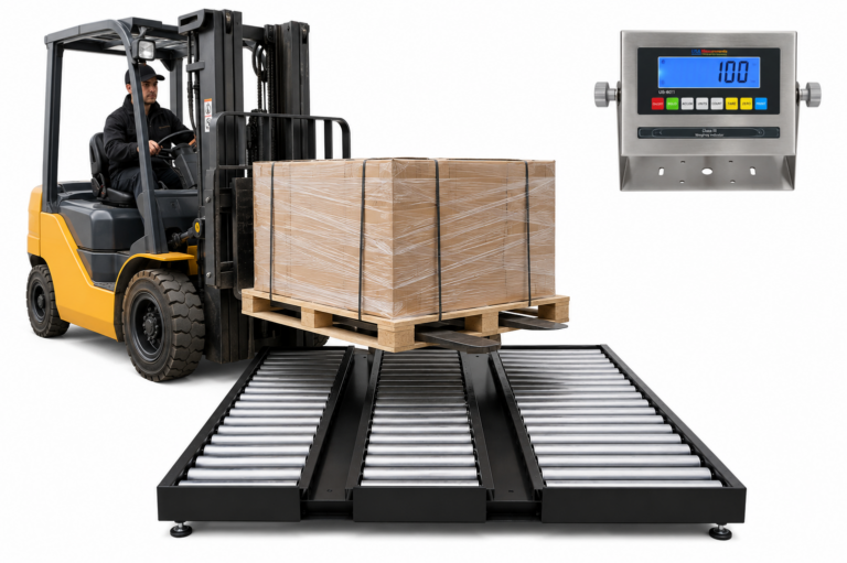 USA Measurements LD3 Roller Deck Scale with yellow forklift loading a wrapped pallet onto the steel rollers, US-6011 indicator