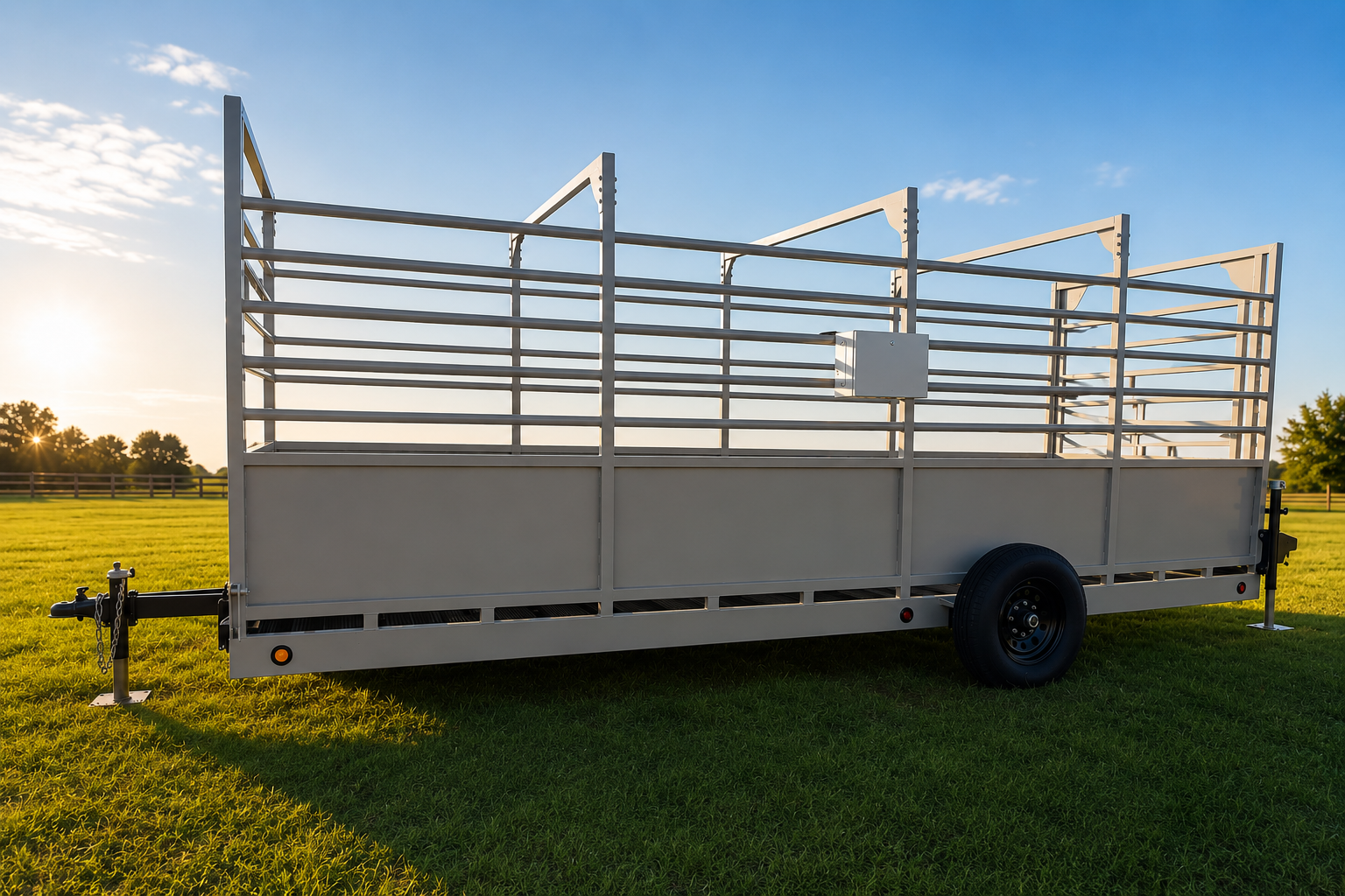 USA Measurements 8x15 Single Axle Livestock Trailer Scale - lifestyle shot in green grass field at golden hour sunset