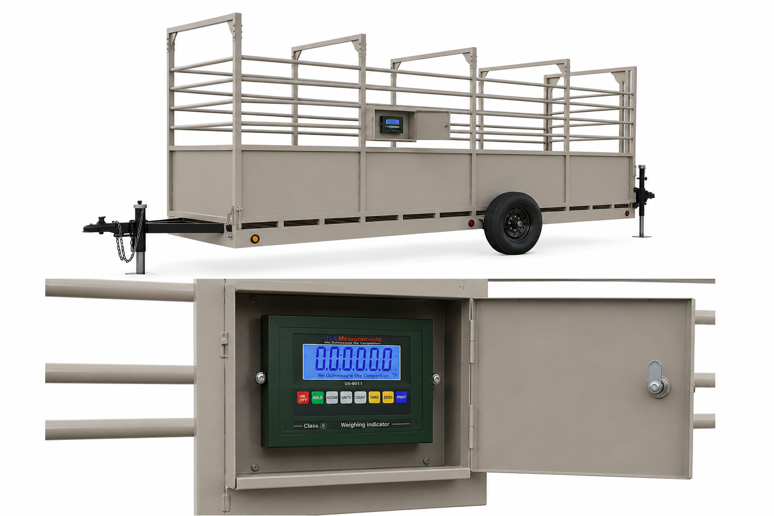 USA Measurements 8x15 Single Axle Livestock Trailer Scale - side profile with US-6011 indicator detail and door open