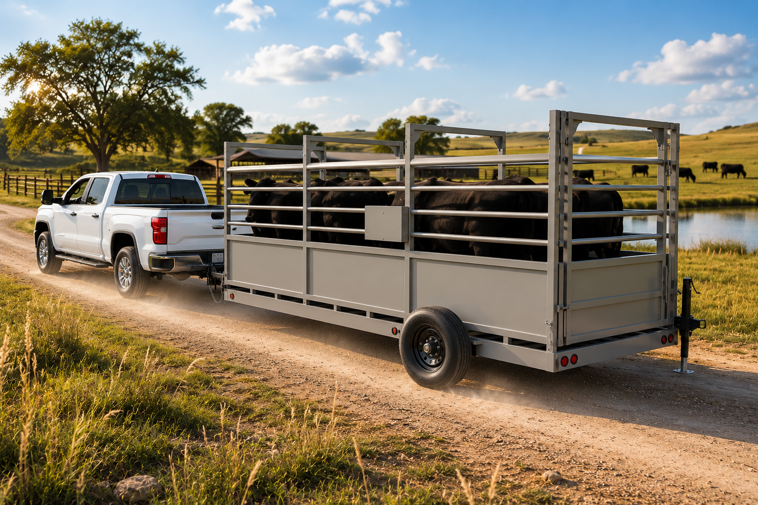 USA Measurements 8x15 Livestock Trailer Scale - white truck towing fully loaded with cattle past pasture pond at golden hour