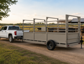 USA Measurements 8x15 Single Axle Livestock Trailer Scale - white pickup truck towing trailer at ranch with cattle pen at sunset