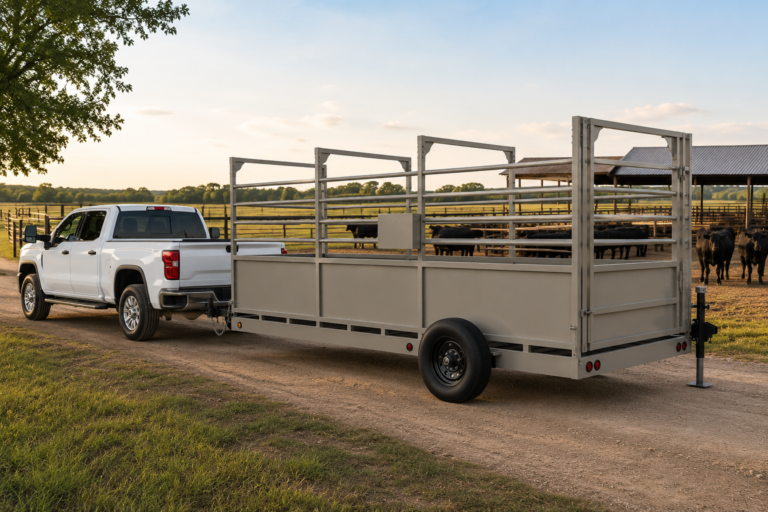 USA Measurements 8x15 Single Axle Livestock Trailer Scale - white pickup truck towing trailer at ranch with cattle pen at sunset