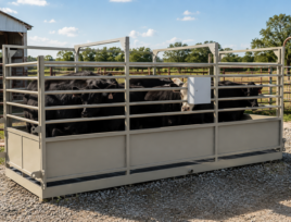 USA Measurements 8x20 Livestock Trailer Scale - loaded with black cattle in field with barn