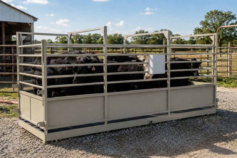 USA Measurements 8x20 Livestock Trailer Scale - loaded with black cattle in field with barn