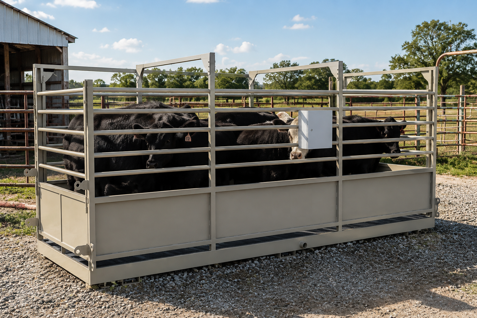 USA Measurements 8x20 Livestock Trailer Scale - loaded with black cattle in field with barn
