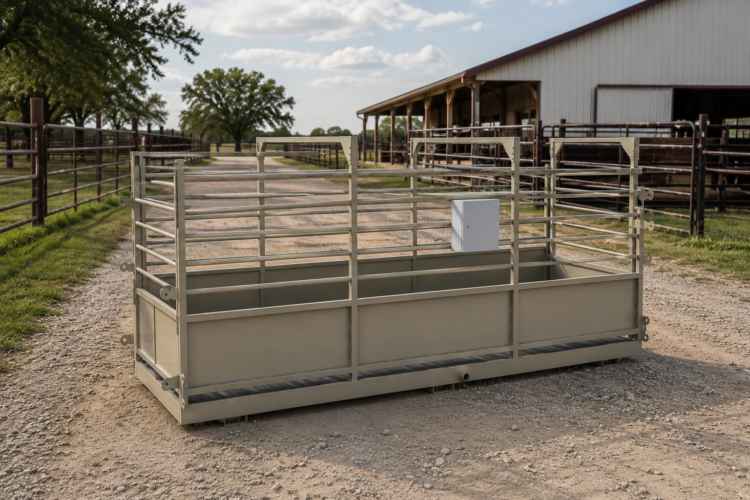USA Measurements 8x20 Livestock Trailer Scale - parked at sale barn with cattle pens