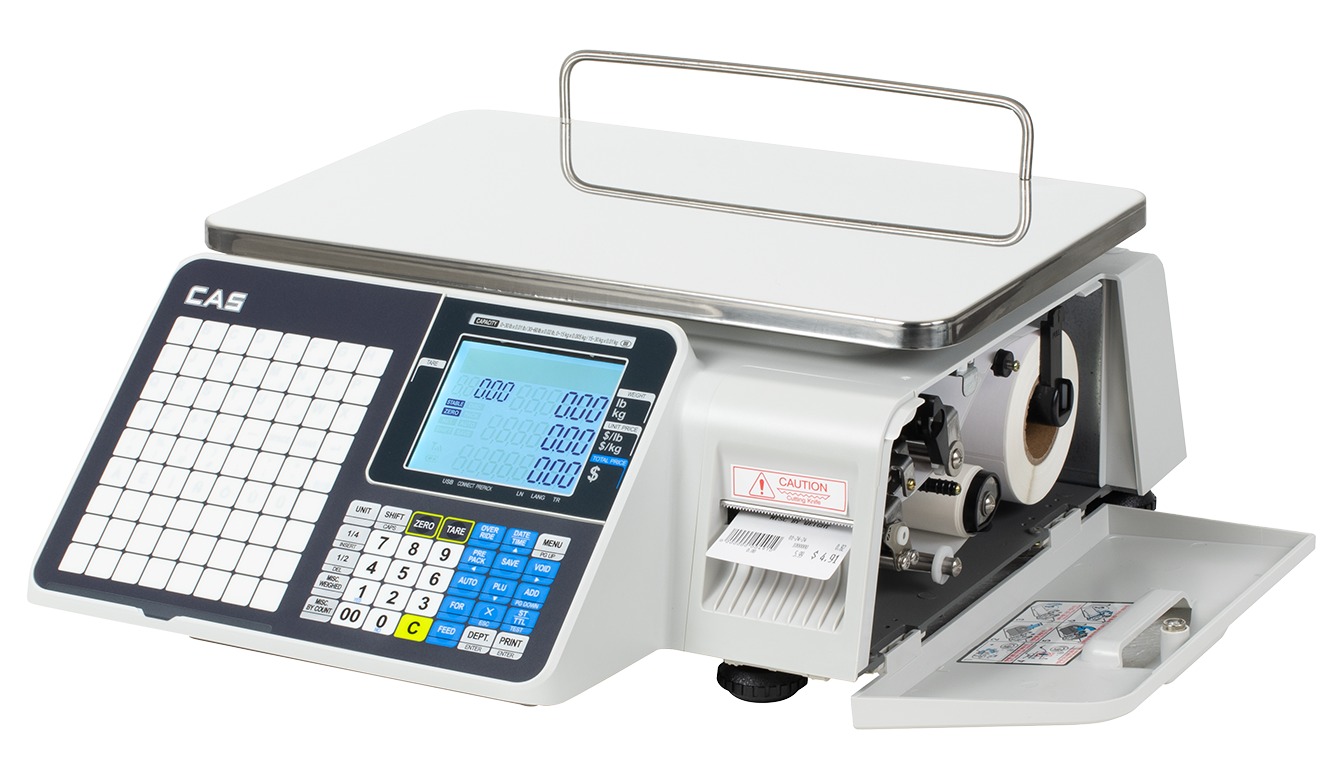 CAS CL3000 bench scale printer compartment open showing label roll