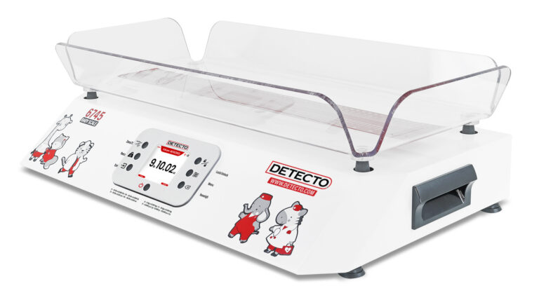Detecto 6745 digital baby scale facing left with touchscreen LCD display