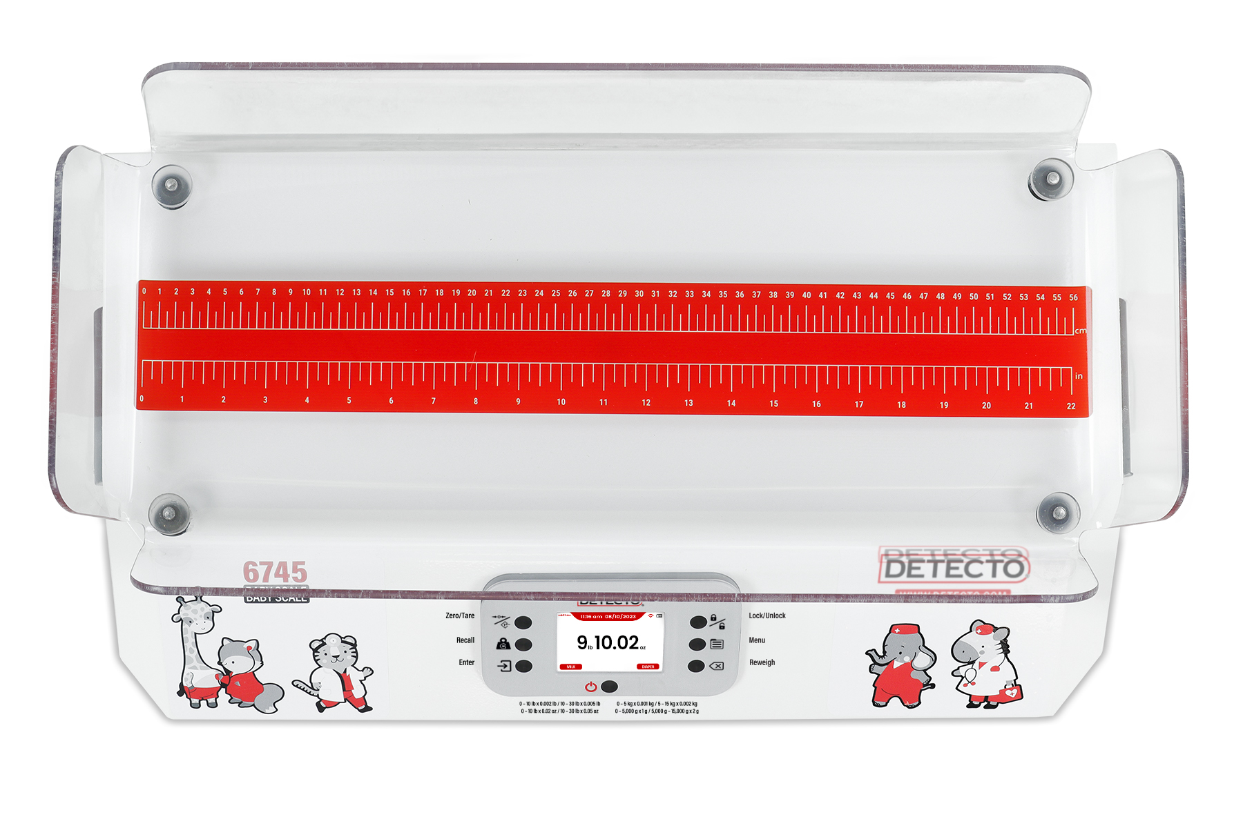 Detecto 6745 baby scale overhead view showing 22x9 inch weighing tray