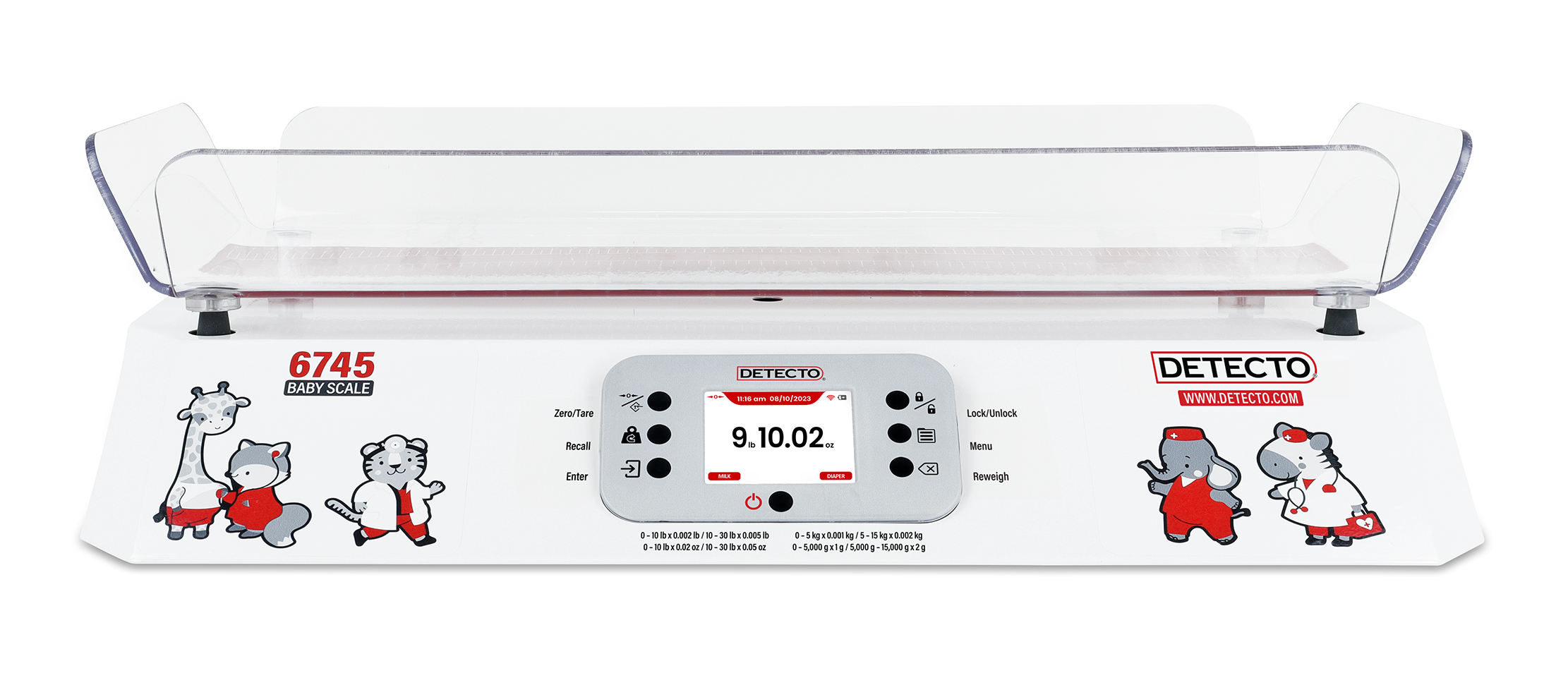 Detecto 6745 digital baby scale front view with colorful animal graphics