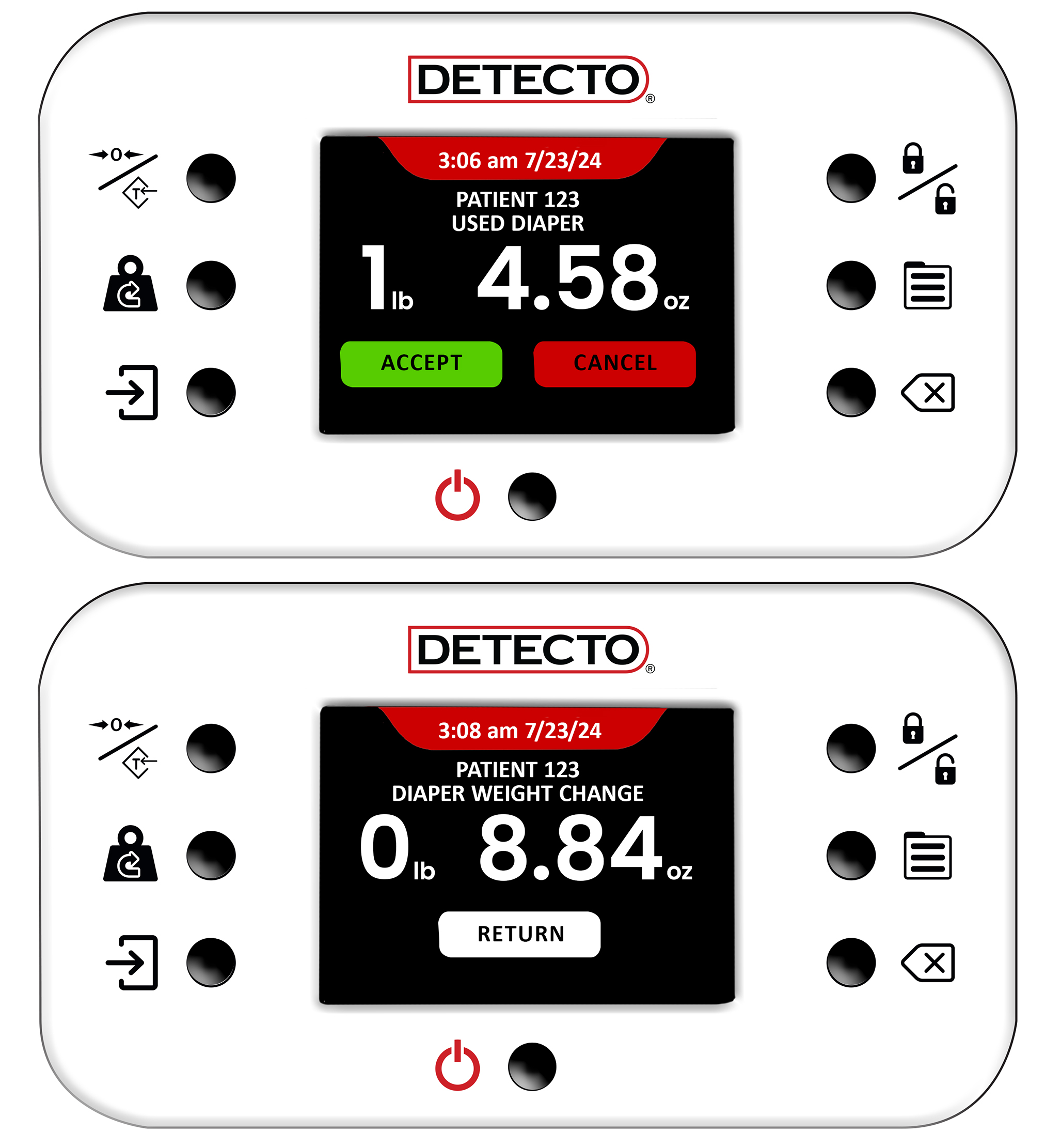 Detecto 6745 touchscreen showing diaper weight tracking function