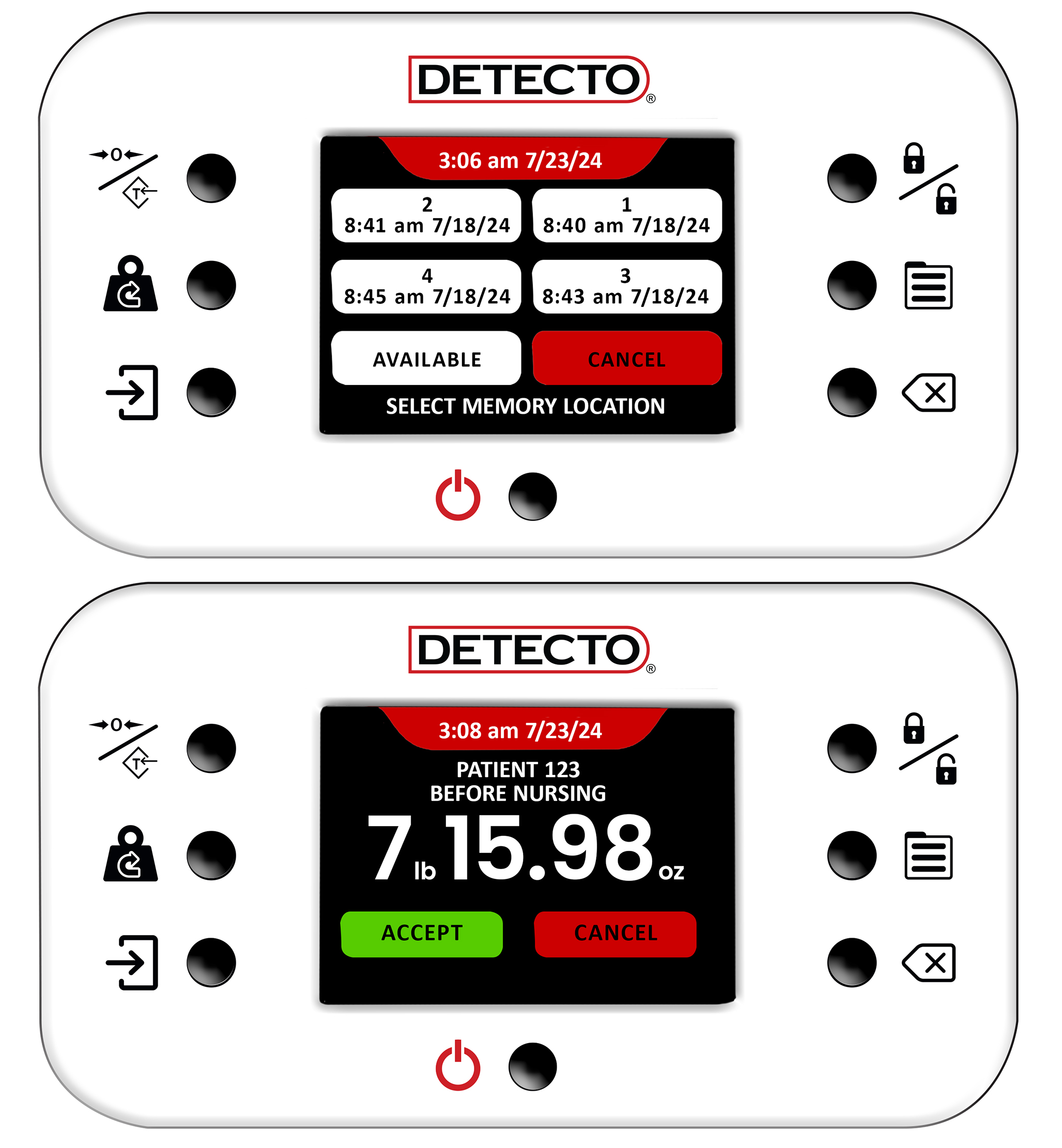 Detecto 6745 touchscreen showing stored patient memory weights